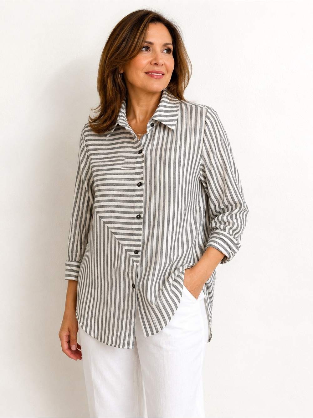Soft Surroundings cotton Gray White Striped Mixed-Stripe Button Front Shirt M